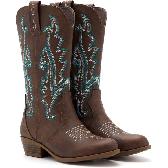 ⚡Girls Kids Brown Western Boots Embroidered Cowgirl Mid Calf Riding Shoes - Picture 6 of 7